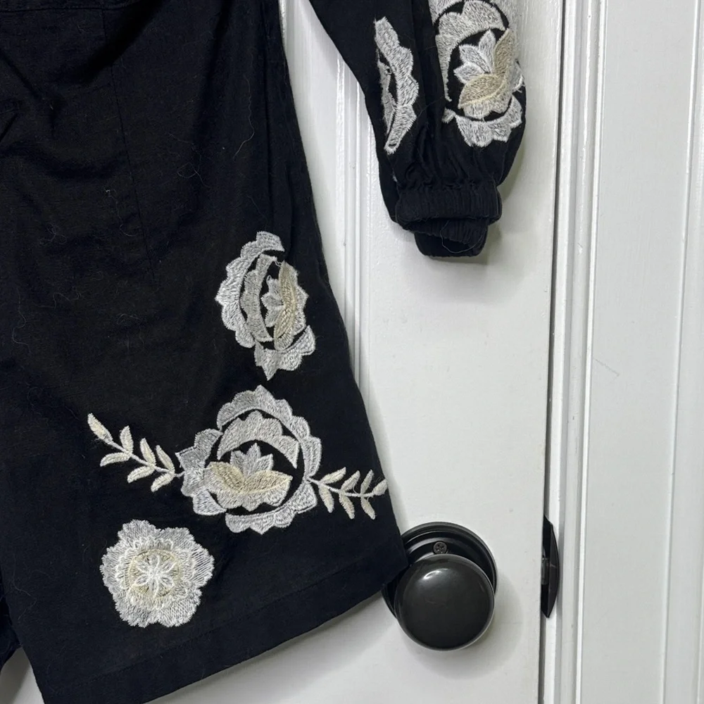 NWOT Zara Black Embroidered Boho Romper XS Balloon Sleeve Festival Playsuit
